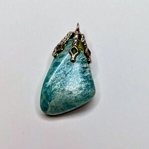 Vintage Polished Amazonite Stone Pendant with Ornate Silver Cap – 2"